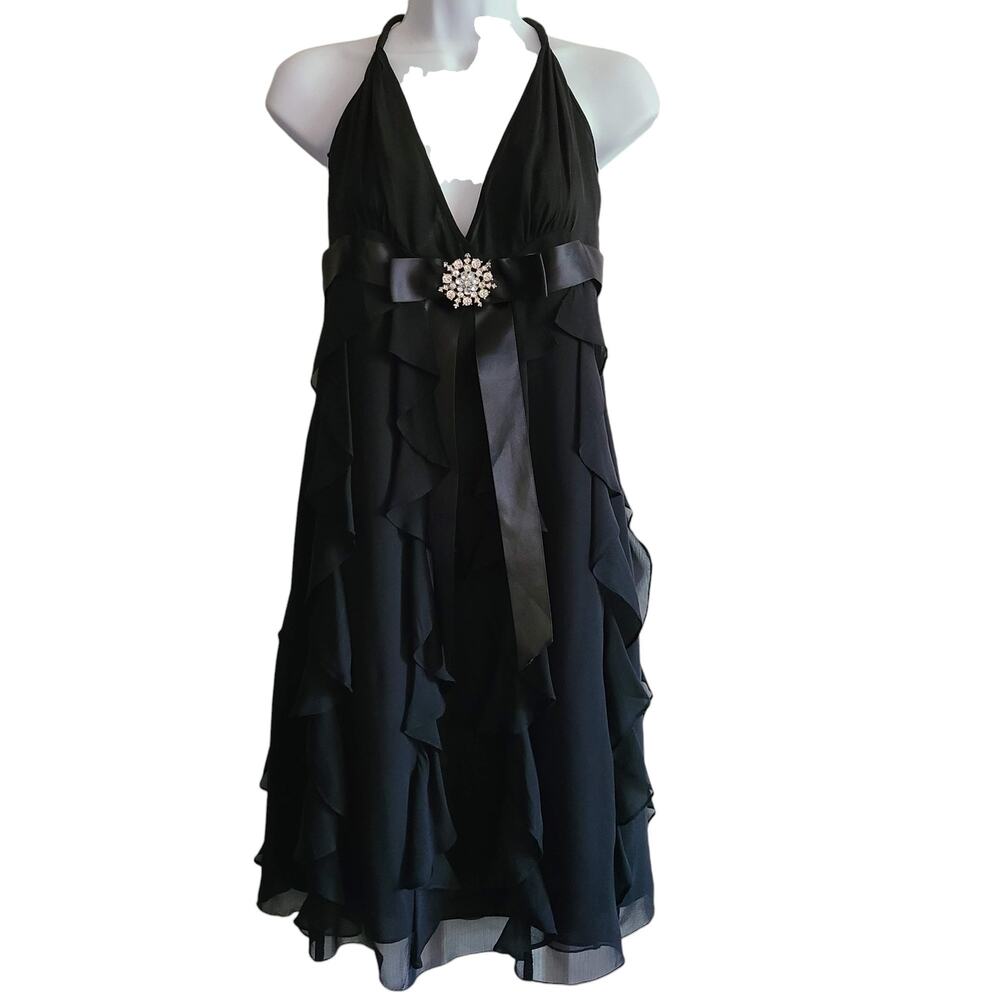 Adrianna Papell Black Halter Ruffle Midi Dress with Rhinestone Brooch